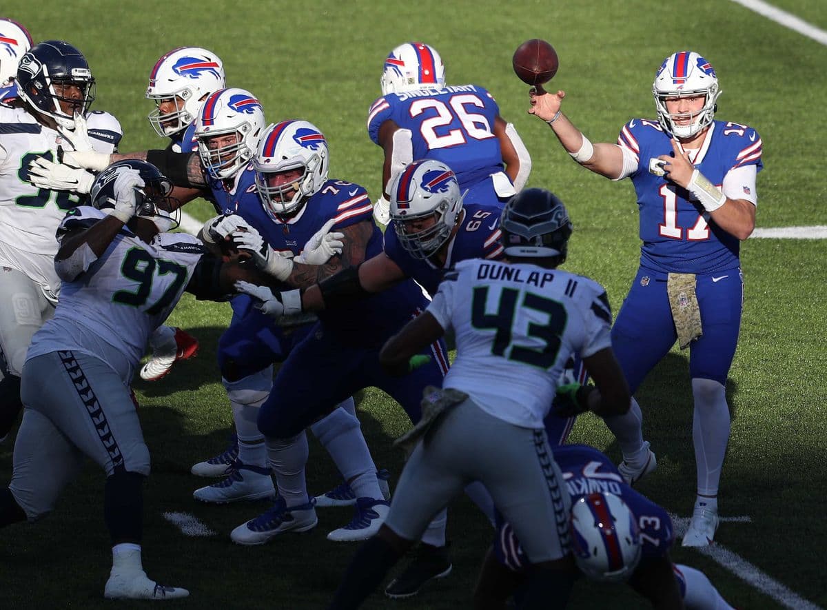 ORCHARD PARK, NEW YORK - NOVEMBER 08: Josh Allen #17 of the Buffalo Bills passes during the second half against the Seattle Seahawks at Bills Stadium on November 08, 2020 in Orchard Park, New York. (Photo by Bryan M. Bennett/Getty Images)