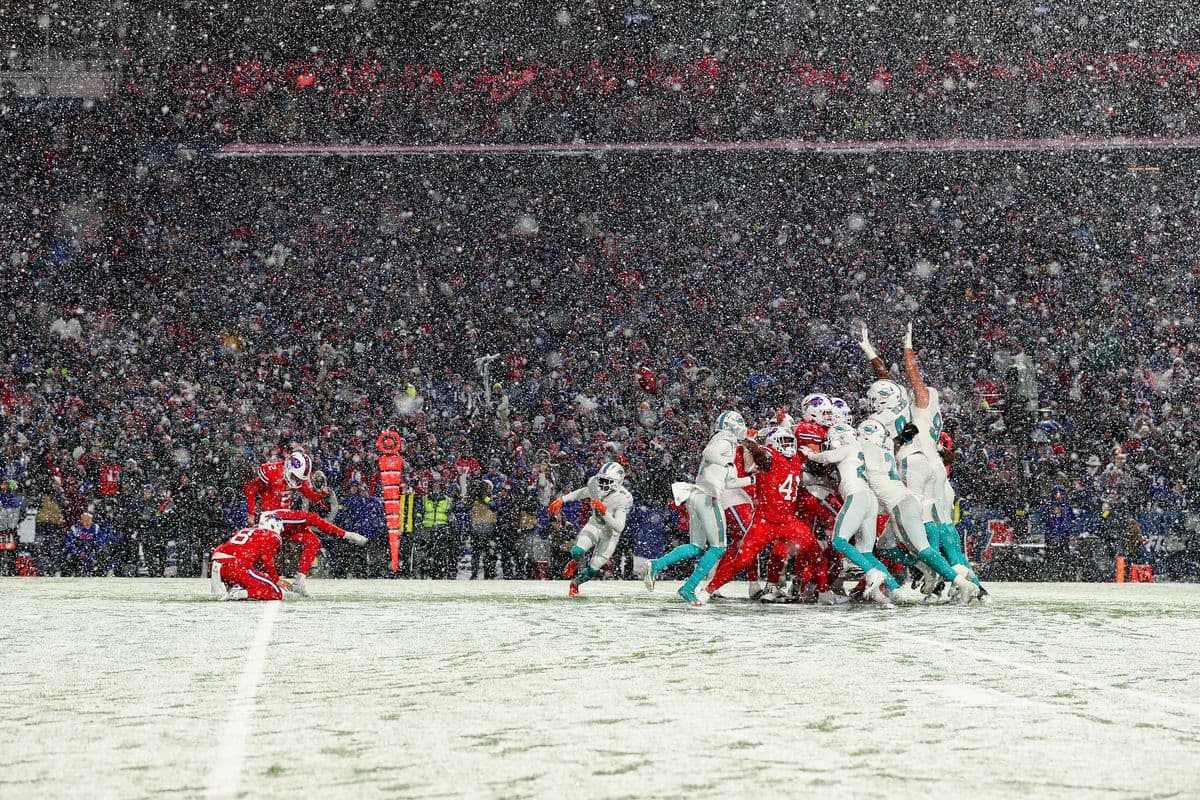 ORCHARD PARK, NEW YORK - DECEMBER 17: Tyler Bass #2 of the Buffalo Bills kicks the game winning field goal against the Miami Dolphins at Highmark Stadium on December 17, 2022 in Orchard Park, New York. (Photo by Bryan M. Bennett/Getty Images)