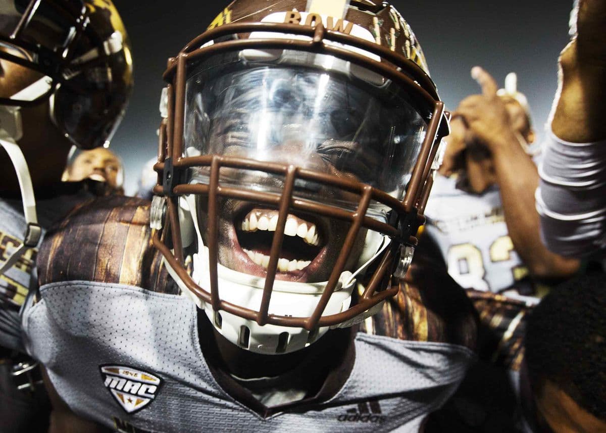 Western Michigan Broncos running back Leo Ekwoge (33) smiles after defeating the Central Michigan Chippewas 49-10 at Kelly/Shorts Stadium in Mt. Pleasant, Mich. on Oct. 1, 2016.