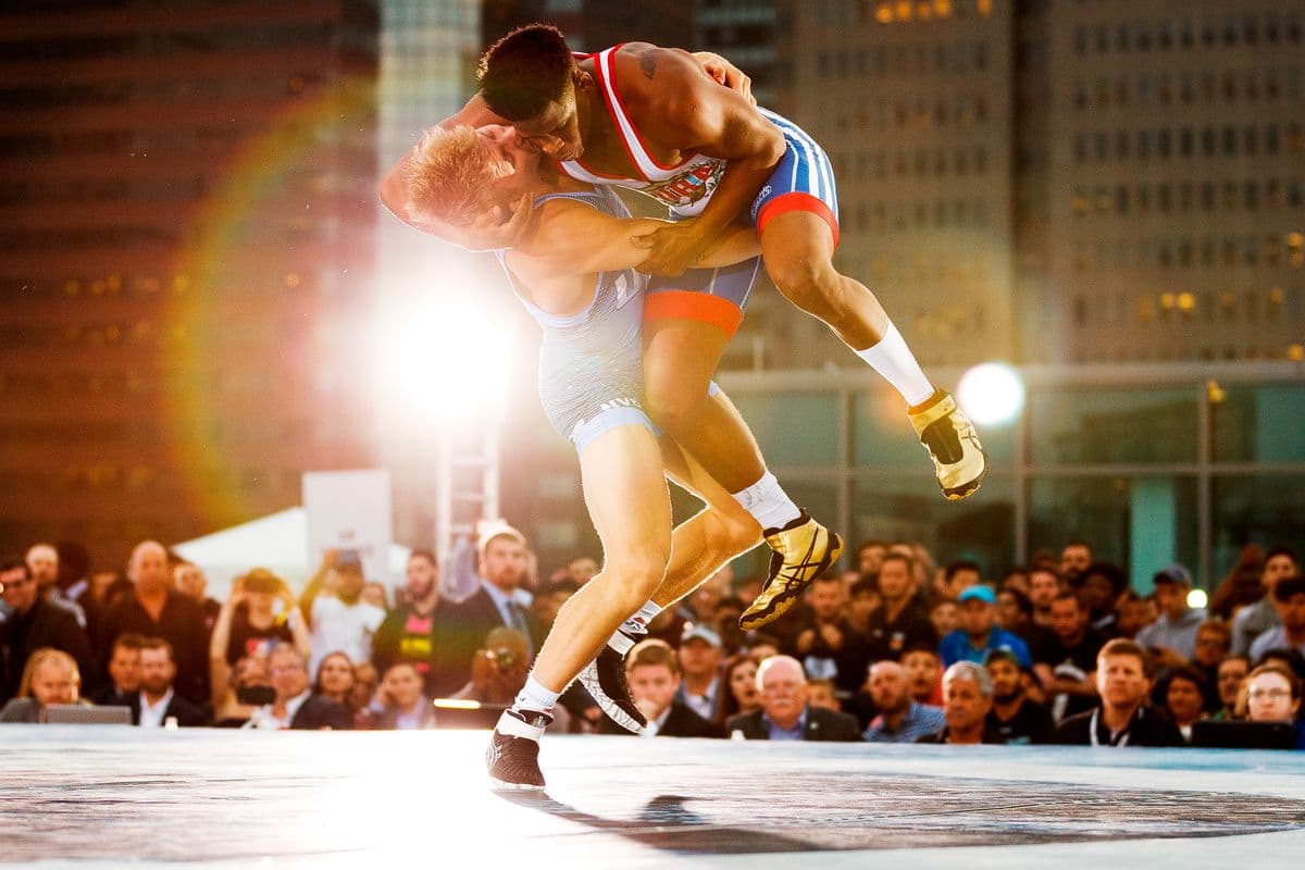 Kyle Dake, USA, lifts Livan Lopez Azcuy, Cuba, off of the mat during the 79kg match at Beat the Streets - Rumble on the River on May 17, 2018 in New York City. Dake defeated Lopez Azcuy by technical fall (13-1) in the third period.