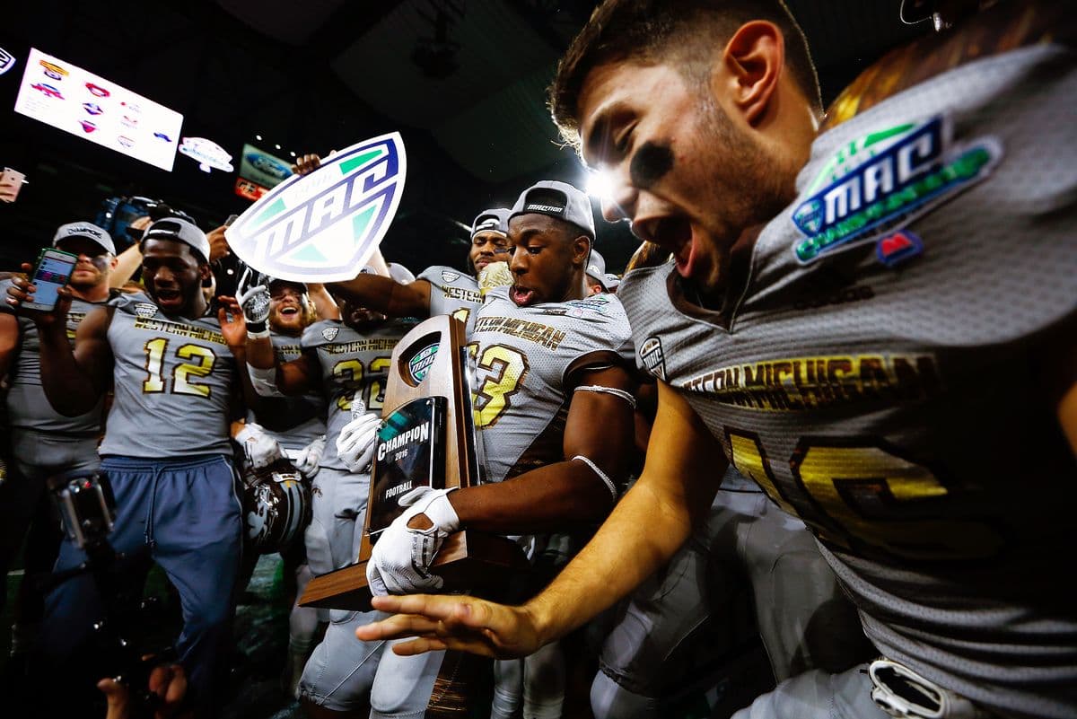 Western Michigan Broncos celebrate after defeating the Ohio Bobcats in a NCAA college football Mid-American Conference championship game at Ford Field in Detroit, Friday, Dec. 2, 2016. The Broncos enter the game undefeated at 12-0 (8-0 in the MAC) as the Bobcats enter with a 8-4 (6-2 in the MAC). (Bryan Bennett | MLive.com)