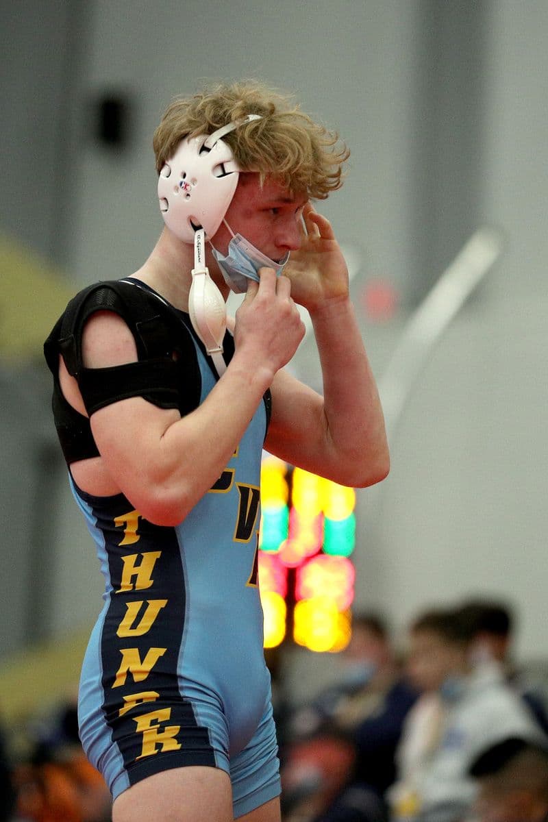 Central Valley Academy's Sixx Cook wrestles Shoreham-Wading River's Joe Steimel during the 2022 NYSPHSAA Wrestling Dual Meet Championships at SRC Arena in Syracuse, N.Y. on Jan. 29, 2022.