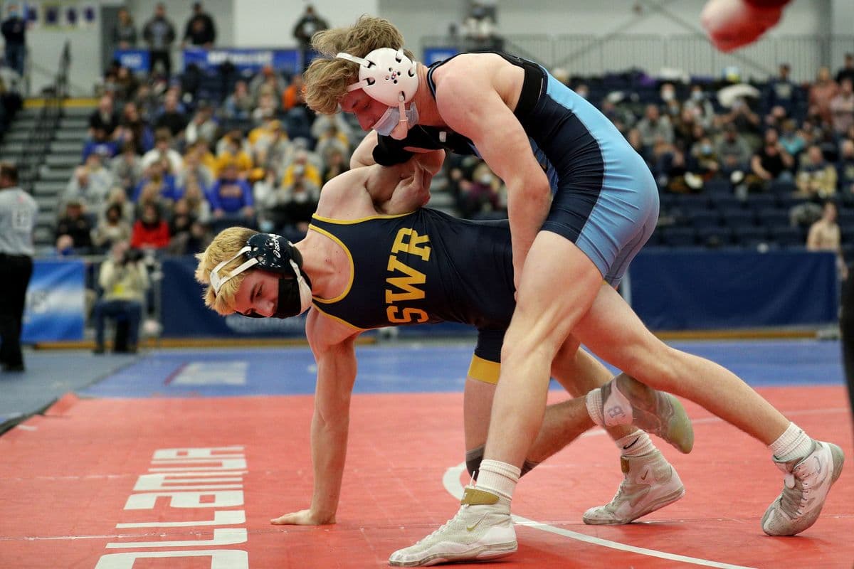 Central Valley Academy's Sixx Cook wrestles Shoreham-Wading River's Joe Steimel during the 2022 NYSPHSAA Wrestling Dual Meet Championships at SRC Arena in Syracuse, N.Y. on Jan. 29, 2022.