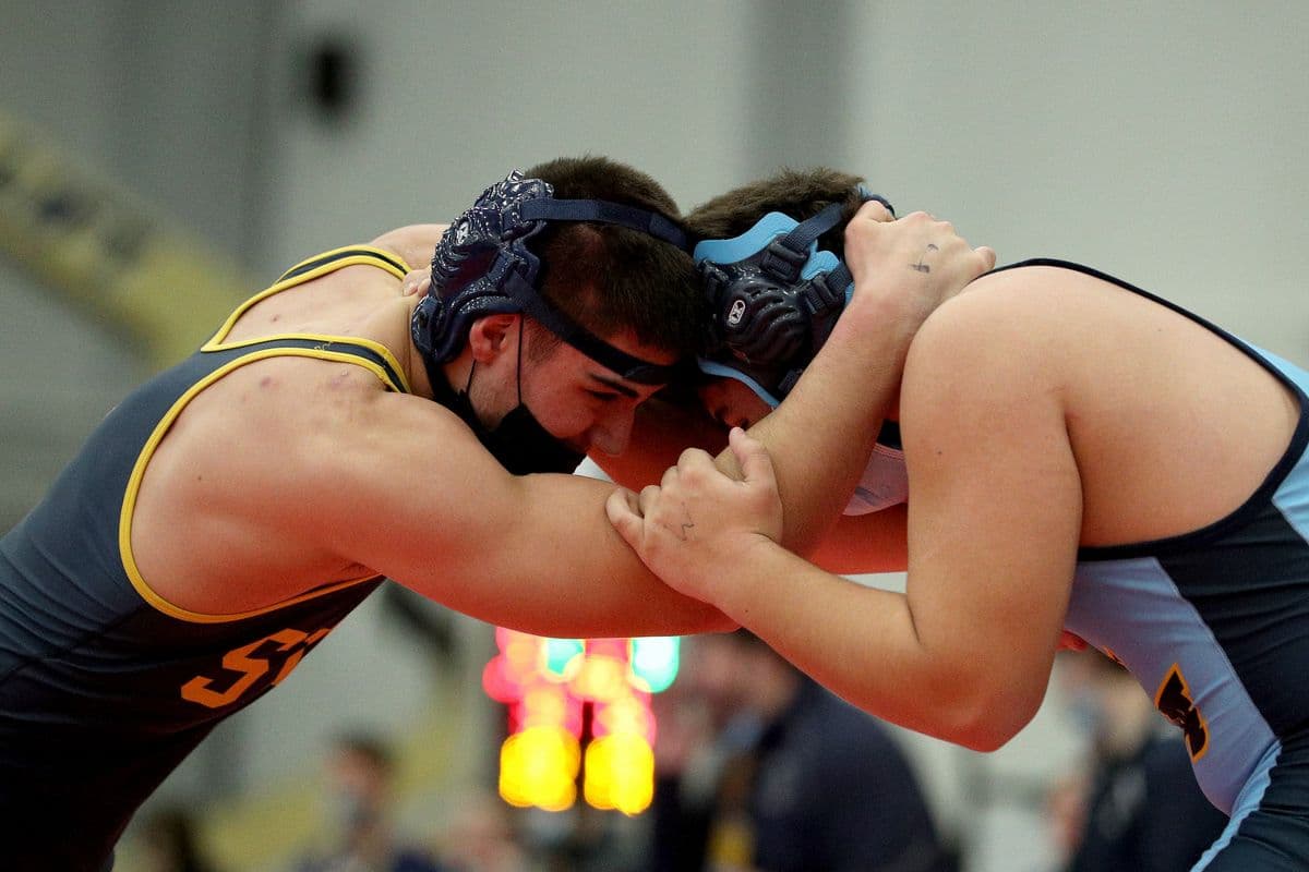 Shoreham-Wading Rivers Jack LaValle wrestles Central Valley Academys Sal Fresco during the 215 pound bout at the 2022 NYSPHSAA Wrestling Dual Meet Championships at SRC Arena in Syracuse, N.Y. on Jan. 29, 2022.
