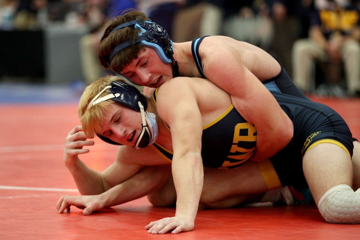 Central Valley Academy's Kace Cook wrestles Shoreham-Wading River's Craig Jablonski during the 2022 NYSPHSAA Wrestling Dual Meet Championships at SRC Arena in Syracuse, N.Y. on Jan. 29, 2022.