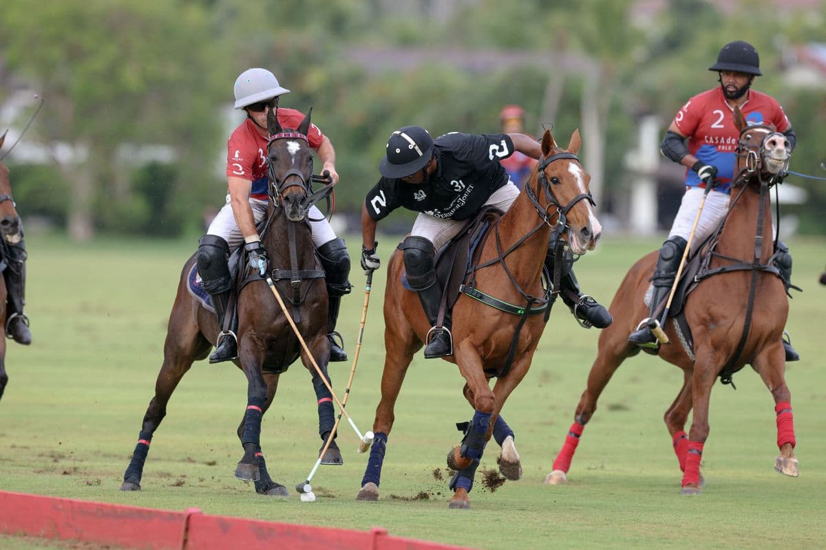 Casa de Campo and La Romanza 3J play polo during the Casa de Campo Challenge at Casa de Campo in La Romana, Dominican Republic on April 4, 2025. (Photo by Bryan Bennett)