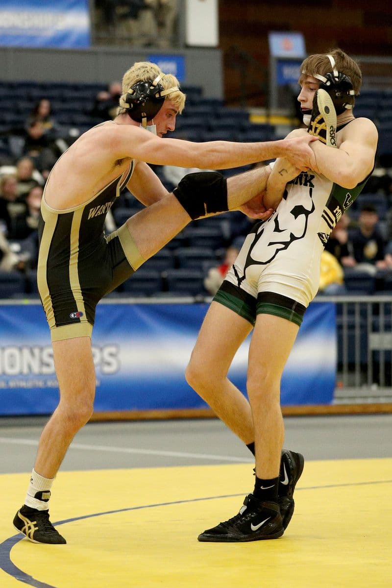 Wantagh's Ryan Arbeit, left, defends a takedown from Minisink Valley's Anthony Tresch during their 126 pound bout at the 2022 NYSPHSAA Wrestling Dual Meet Championships at SRC Arena in Syracuse, N.Y. on Jan. 29, 2022.
