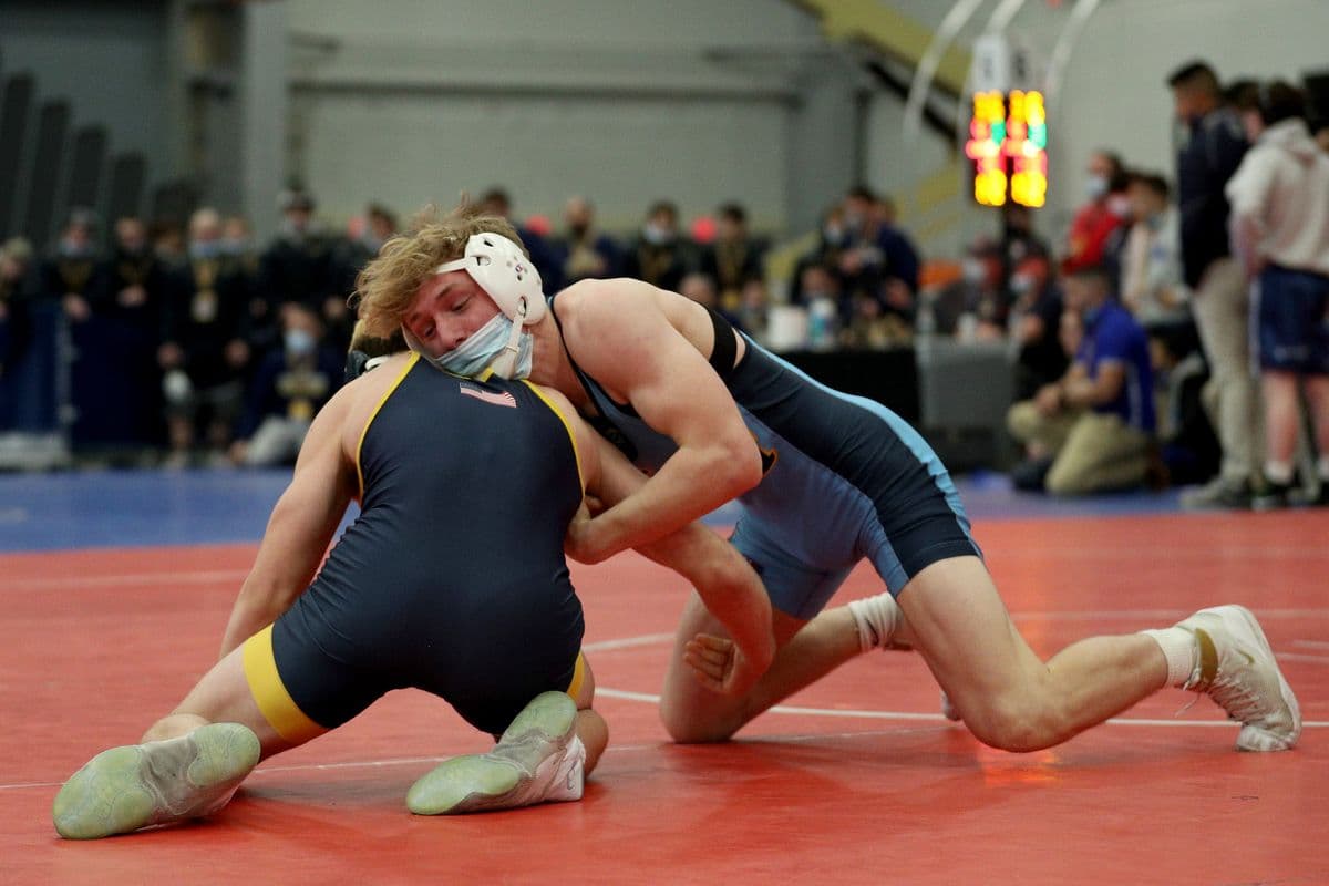 Central Valley Academy's Sixx Cook wrestles Shoreham-Wading River's Joe Steimel during the 2022 NYSPHSAA Wrestling Dual Meet Championships at SRC Arena in Syracuse, N.Y. on Jan. 29, 2022.