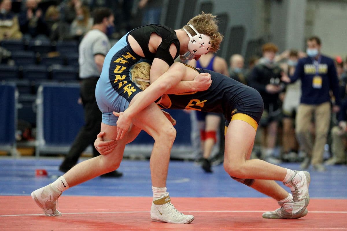 Central Valley Academy's Sixx Cook wrestles Shoreham-Wading River's Joe Steimel during the 2022 NYSPHSAA Wrestling Dual Meet Championships at SRC Arena in Syracuse, N.Y. on Jan. 29, 2022.