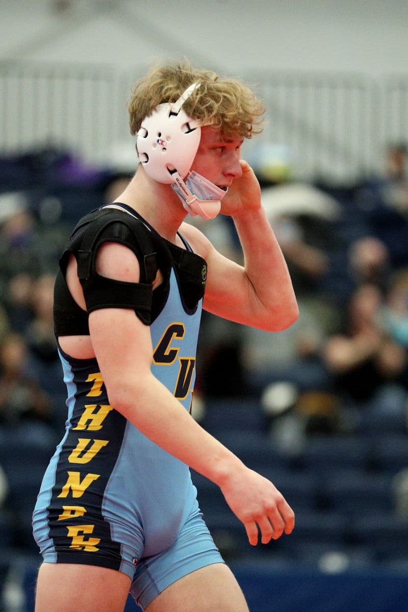 Central Valley Academy's Sixx Cook wrestles Shoreham-Wading River's Joe Steimel during the 2022 NYSPHSAA Wrestling Dual Meet Championships at SRC Arena in Syracuse, N.Y. on Jan. 29, 2022.