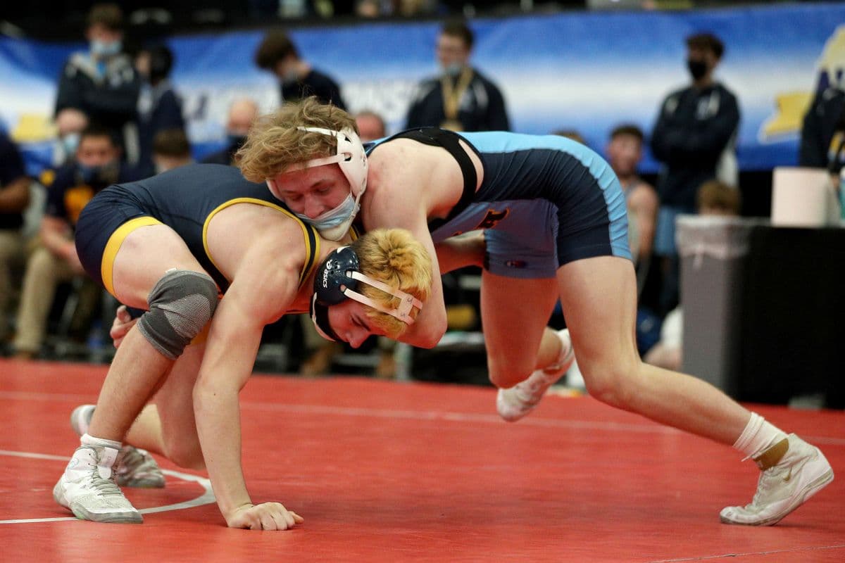 Central Valley Academy's Sixx Cook wrestles Shoreham-Wading River's Joe Steimel during the 2022 NYSPHSAA Wrestling Dual Meet Championships at SRC Arena in Syracuse, N.Y. on Jan. 29, 2022.