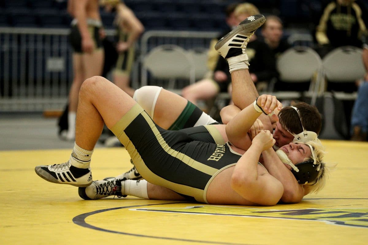Wantagh's William Balitsos fights off his back against Minisink Valley's Ethan Gallo during their 215 pound bout at the 2022 NYSPHSAA Wrestling Dual Meet Championships at SRC Arena in Syracuse, N.Y. on Jan. 29, 2022.