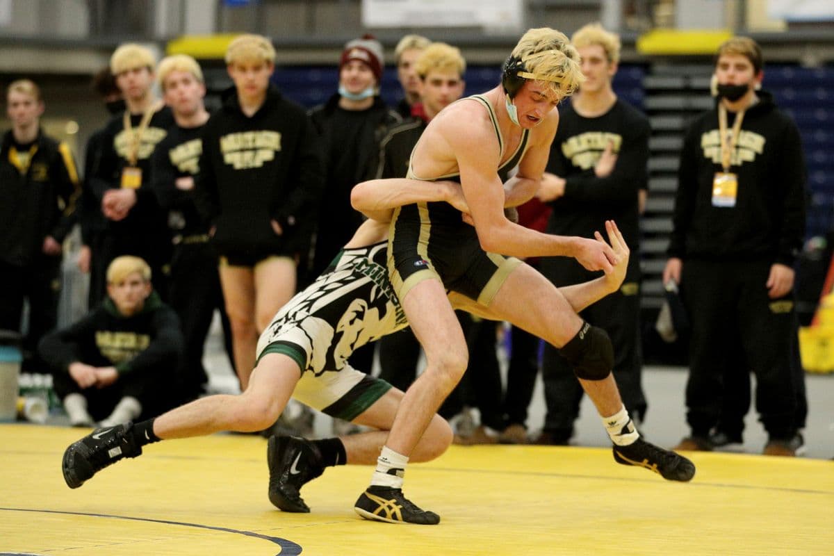 Minisink Valley's Anthony Tresch, left, looks to takedown Wantagh's Ryan Arbeit during their 126 pound bout at the 2022 NYSPHSAA Wrestling Dual Meet Championships at SRC Arena in Syracuse, N.Y. on Jan. 29, 2022.