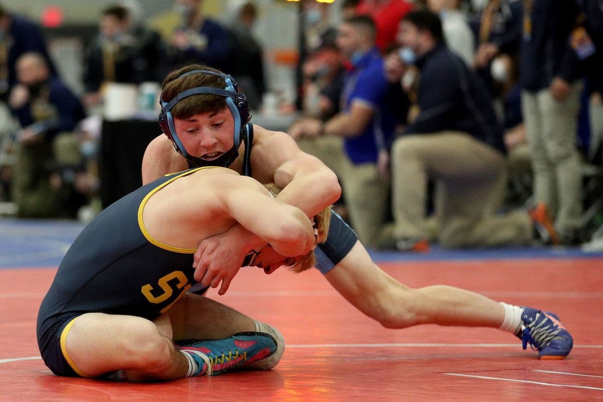 Central Valley Academy's Kace Cook wrestles Shoreham-Wading River's Craig Jablonski during the 2022 NYSPHSAA Wrestling Dual Meet Championships at SRC Arena in Syracuse, N.Y. on Jan. 29, 2022.