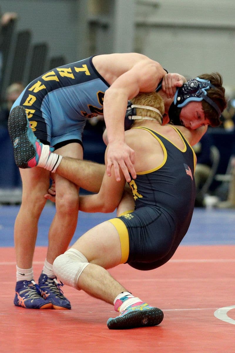 Central Valley Academy's Kace Cook wrestles Shoreham-Wading River's Craig Jablonski during the 2022 NYSPHSAA Wrestling Dual Meet Championships at SRC Arena in Syracuse, N.Y. on Jan. 29, 2022.