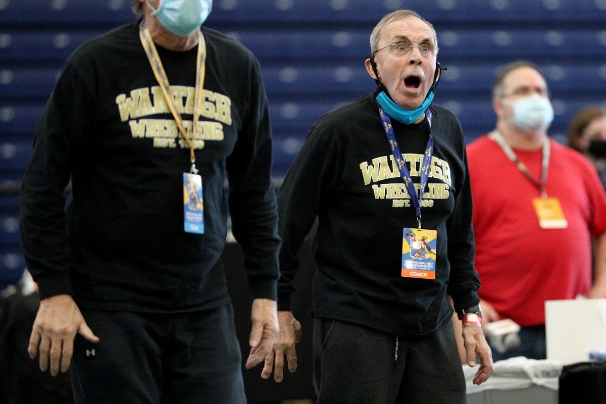 Wantagh coaches react during the 2022 NYSPHSAA Wrestling Dual Meet Championships at SRC Arena in Syracuse, N.Y. on Jan. 29, 2022.