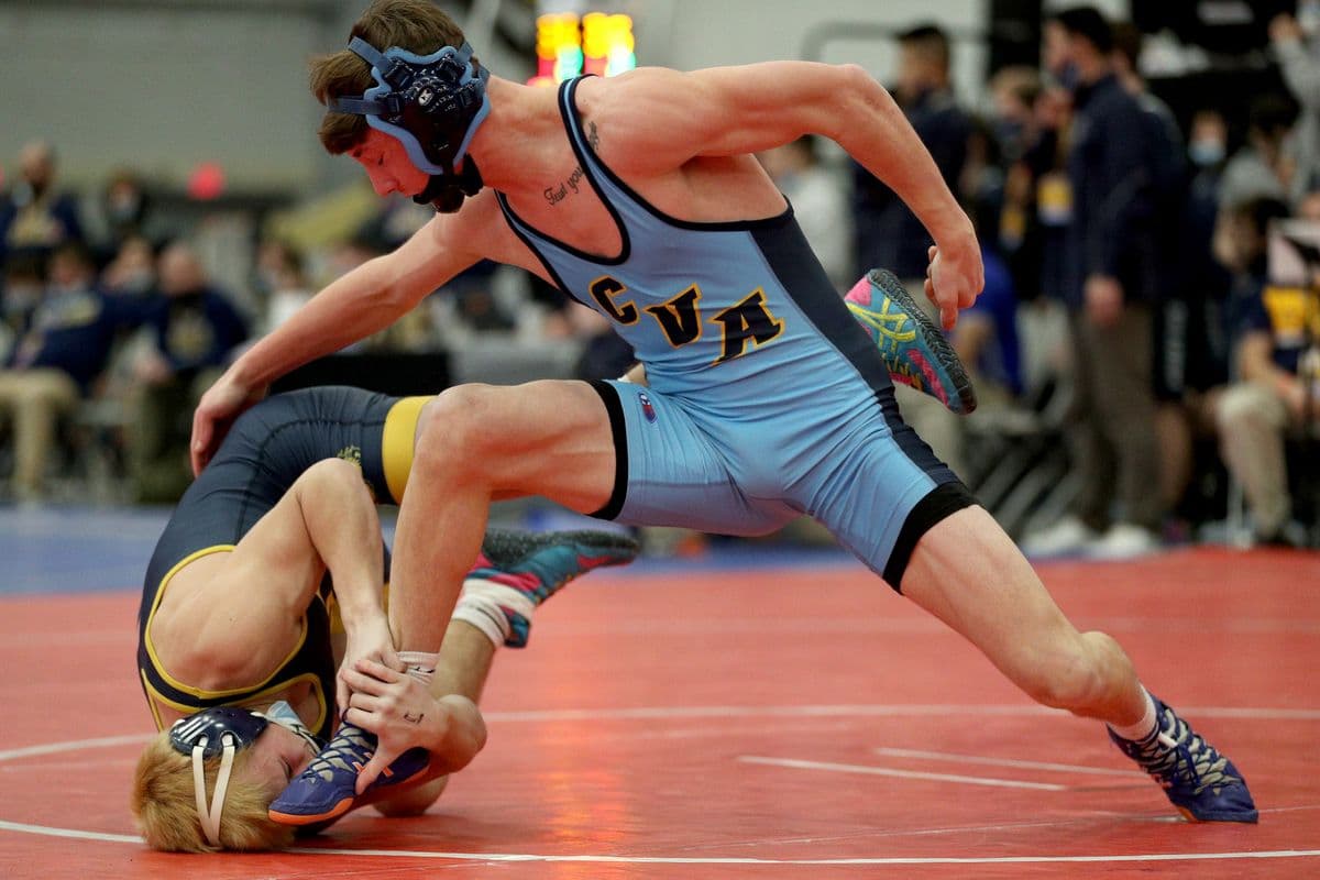 Central Valley Academy's Kace Cook wrestles Shoreham-Wading River's Craig Jablonski during the 2022 NYSPHSAA Wrestling Dual Meet Championships at SRC Arena in Syracuse, N.Y. on Jan. 29, 2022.
