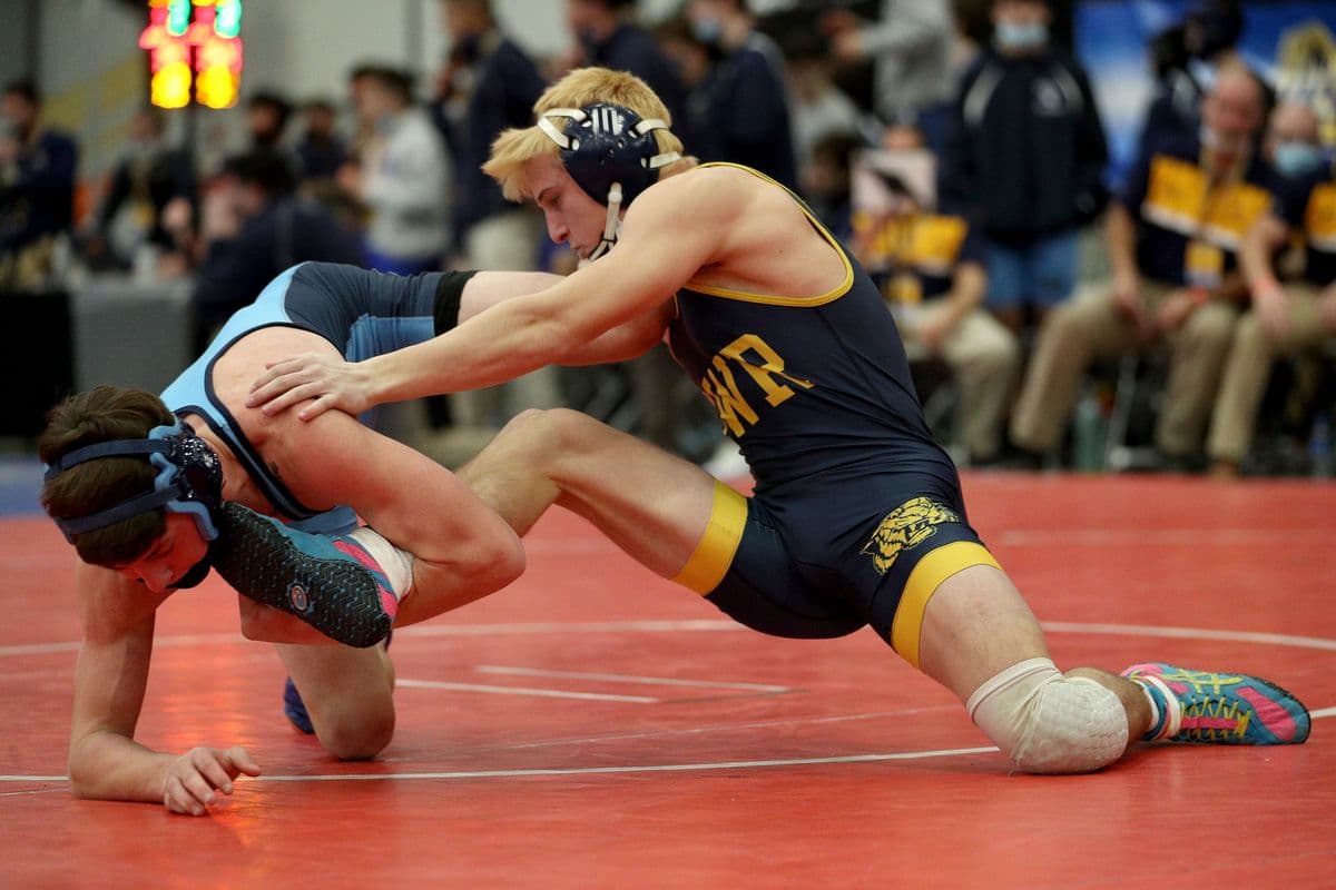 Central Valley Academy's Kace Cook wrestles Shoreham-Wading River's Craig Jablonski during the 2022 NYSPHSAA Wrestling Dual Meet Championships at SRC Arena in Syracuse, N.Y. on Jan. 29, 2022.