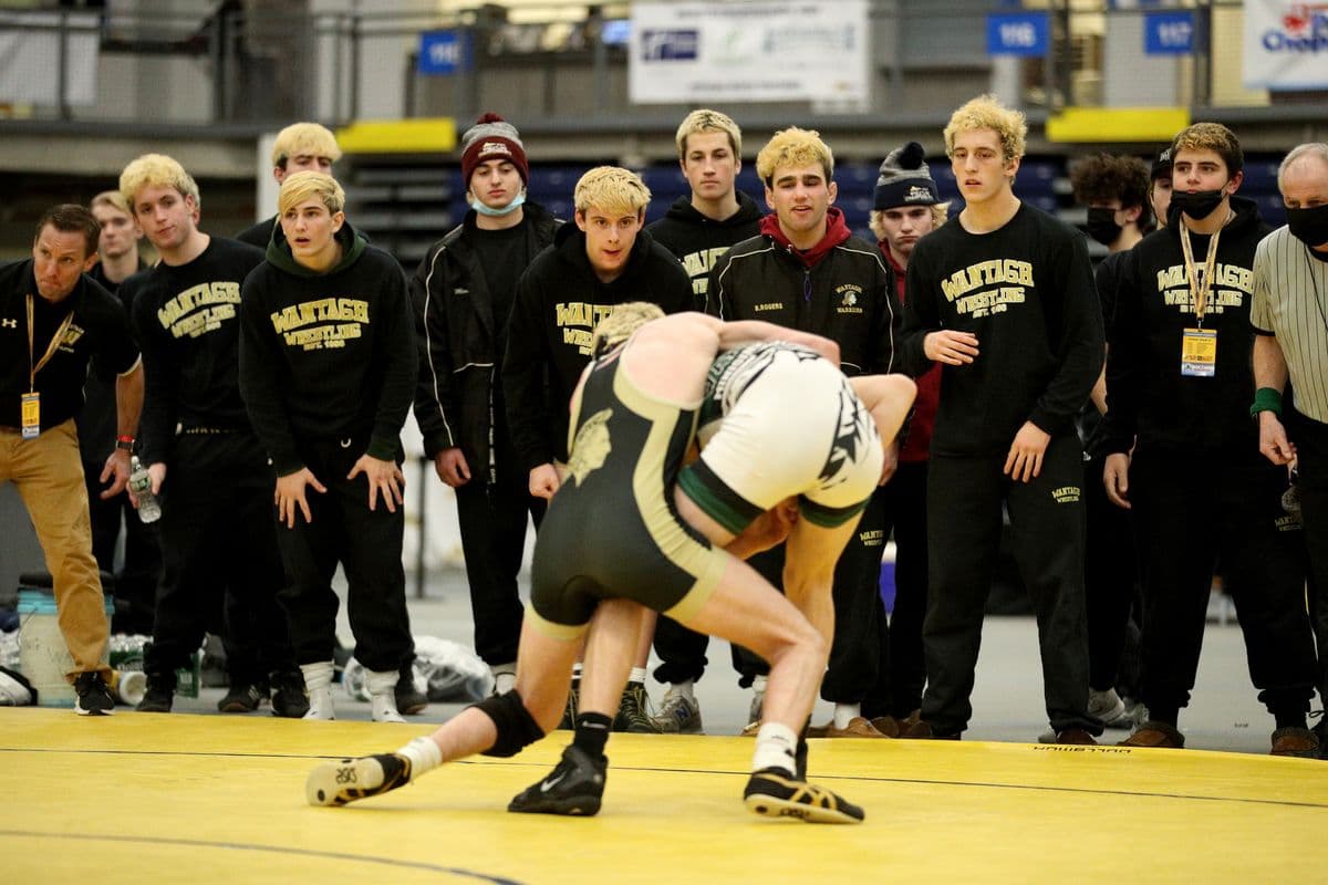 Wantagh looks on during a match against Minisink Valley at the 2022 NYSPHSAA Wrestling Dual Meet Championships at SRC Arena in Syracuse, N.Y. on Jan. 29, 2022.