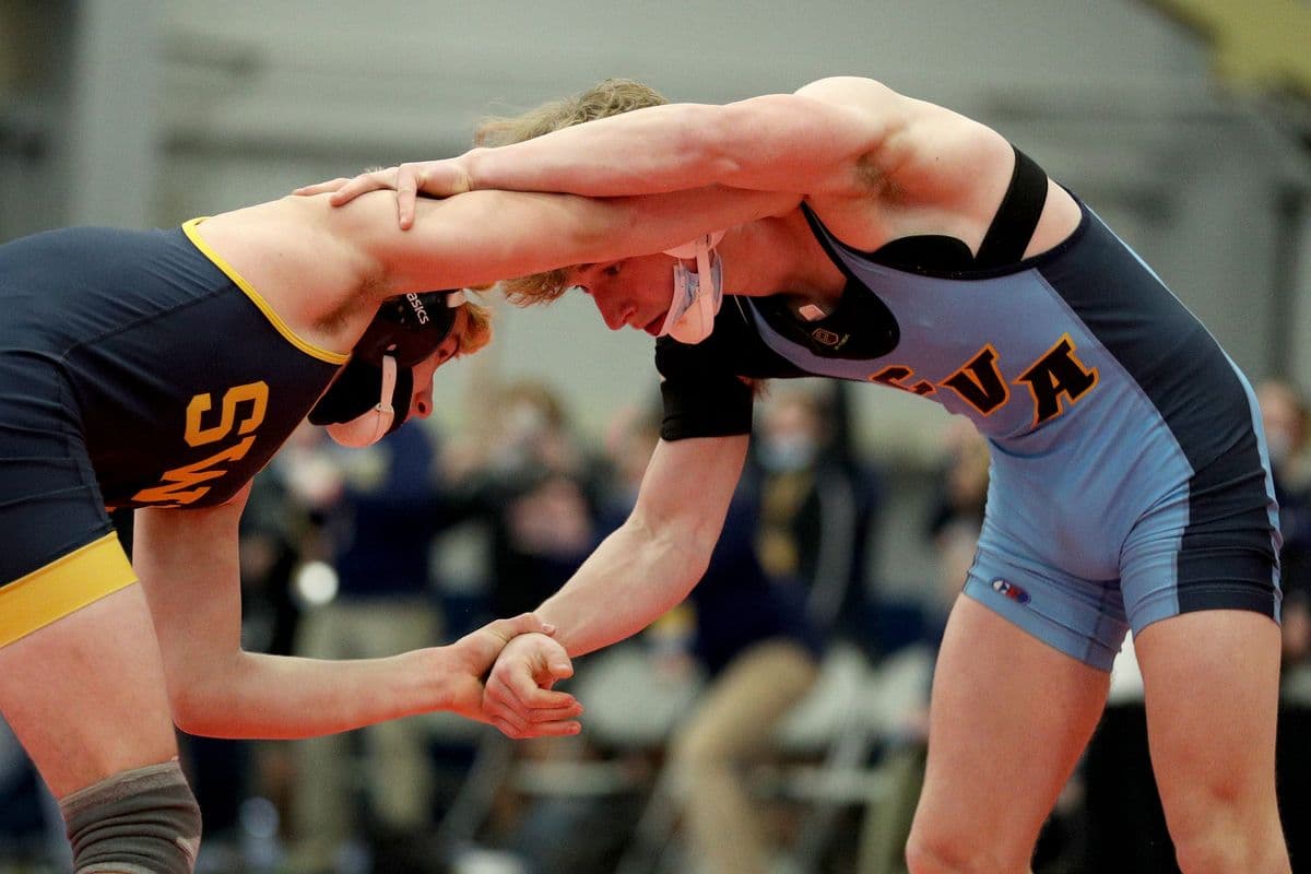 Central Valley Academy's Sixx Cook wrestles Shoreham-Wading River's Joe Steimel during the 2022 NYSPHSAA Wrestling Dual Meet Championships at SRC Arena in Syracuse, N.Y. on Jan. 29, 2022.