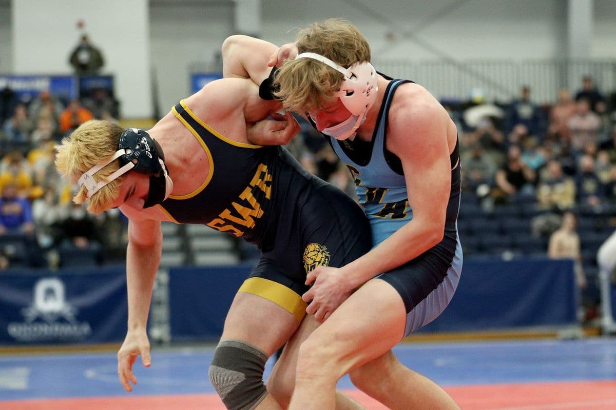 Central Valley Academy's Sixx Cook wrestles Shoreham-Wading River's Joe Steimel during the 2022 NYSPHSAA Wrestling Dual Meet Championships at SRC Arena in Syracuse, N.Y. on Jan. 29, 2022.