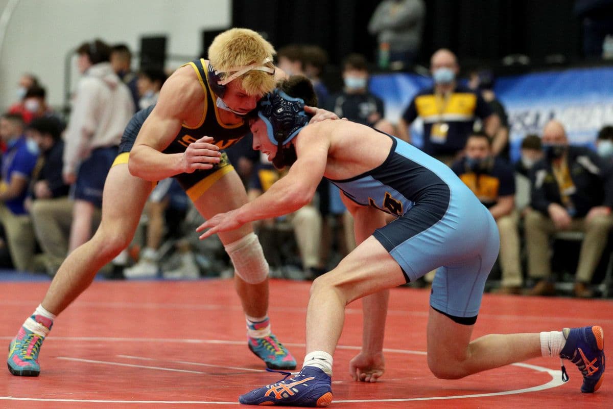 Central Valley Academy's Kace Cook wrestles Shoreham-Wading River's Craig Jablonski during the 2022 NYSPHSAA Wrestling Dual Meet Championships at SRC Arena in Syracuse, N.Y. on Jan. 29, 2022.