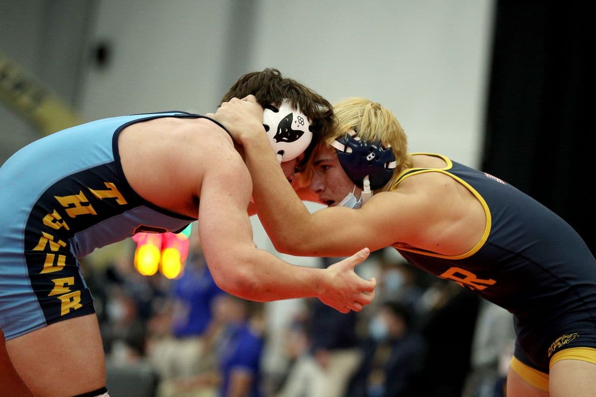 Central Valley Academys Cole Wheet, left, and Shoreham-Wading Rivers Matt Greco wrestle during their 160 pound bout at the 2022 NYSPHSAA Wrestling Dual Meet Championships at SRC Arena in Syracuse, N.Y. on Jan. 29, 2022.