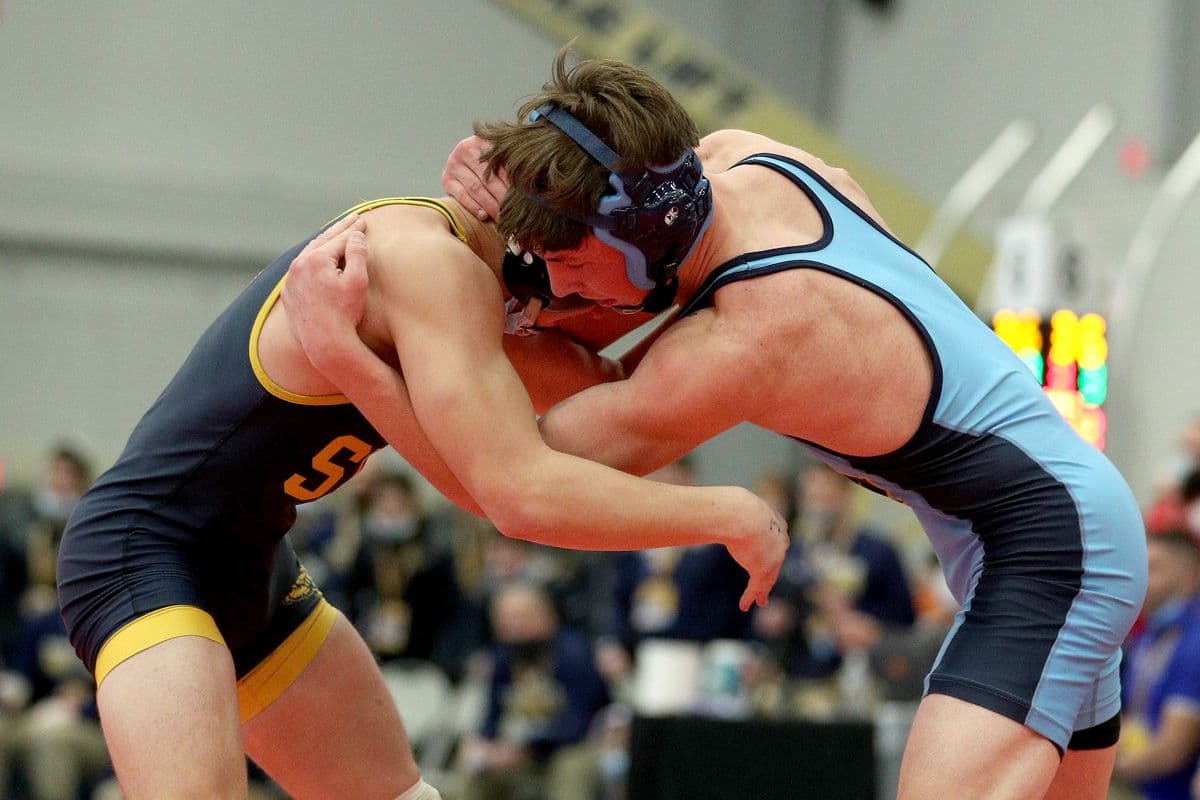 Central Valley Academy's Kace Cook wrestles Shoreham-Wading River's Craig Jablonski during the 2022 NYSPHSAA Wrestling Dual Meet Championships at SRC Arena in Syracuse, N.Y. on Jan. 29, 2022.