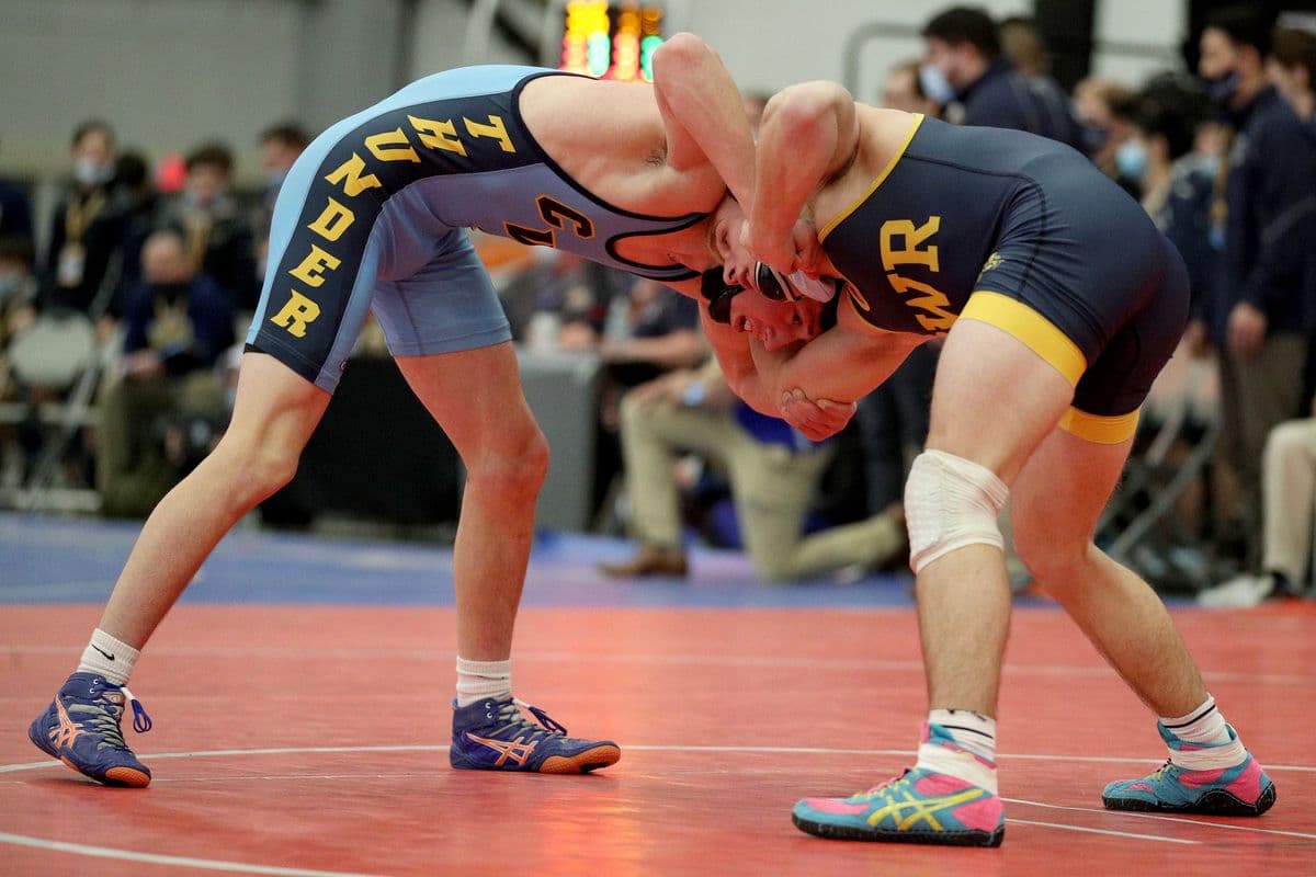 Central Valley Academy's Kace Cook wrestles Shoreham-Wading River's Craig Jablonski during the 2022 NYSPHSAA Wrestling Dual Meet Championships at SRC Arena in Syracuse, N.Y. on Jan. 29, 2022.