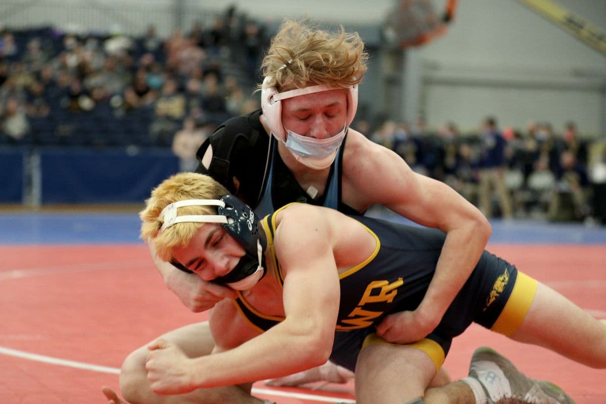 Central Valley Academy's Sixx Cook wrestles Shoreham-Wading River's Joe Steimel during the 2022 NYSPHSAA Wrestling Dual Meet Championships at SRC Arena in Syracuse, N.Y. on Jan. 29, 2022.