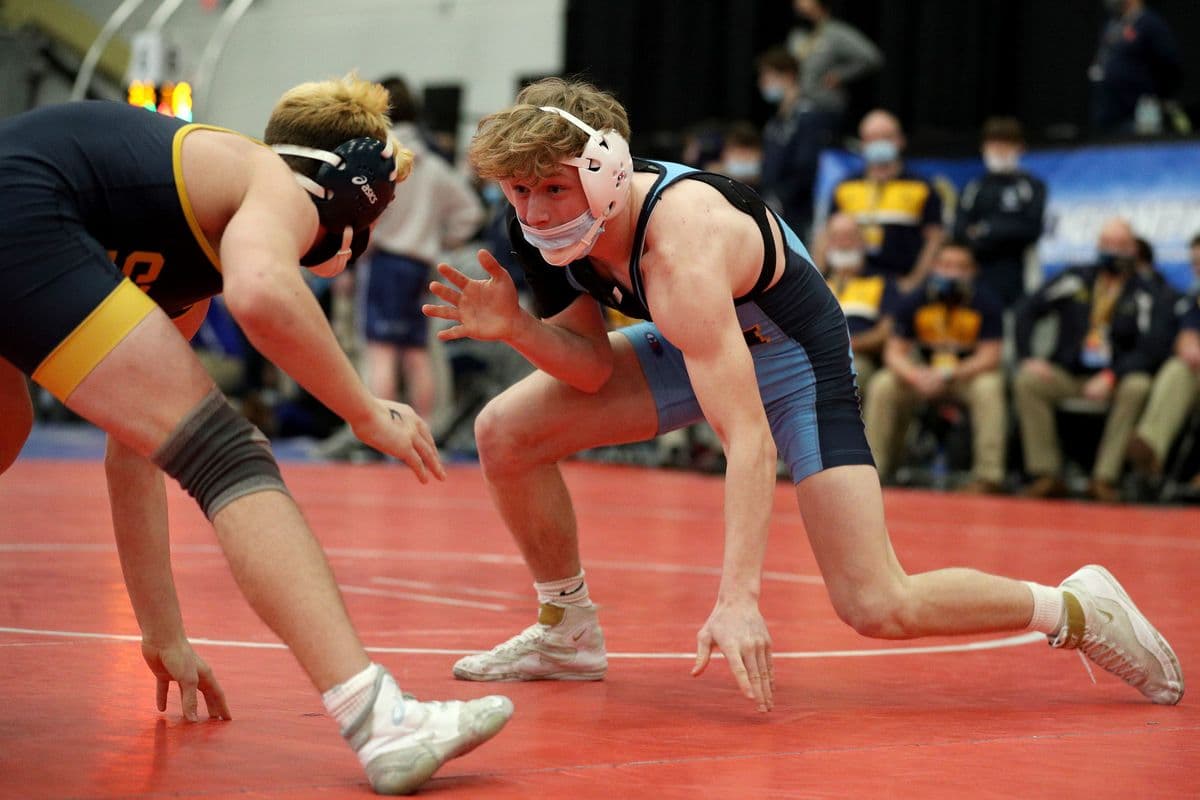 Central Valley Academy's Sixx Cook wrestles Shoreham-Wading River's Joe Steimel during the 2022 NYSPHSAA Wrestling Dual Meet Championships at SRC Arena in Syracuse, N.Y. on Jan. 29, 2022.