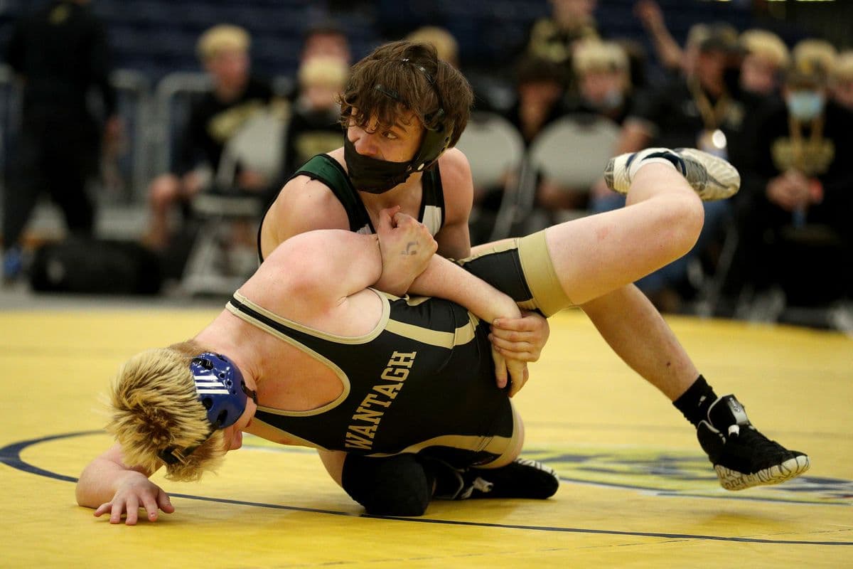 Minisink Valley's Luke Greiner, top, attempts to turn Wantagh's Jesse Vanorden during their 145 pound bout at the 2022 NYSPHSAA Wrestling Dual Meet Championships at SRC Arena in Syracuse, N.Y. on Jan. 29, 2022.