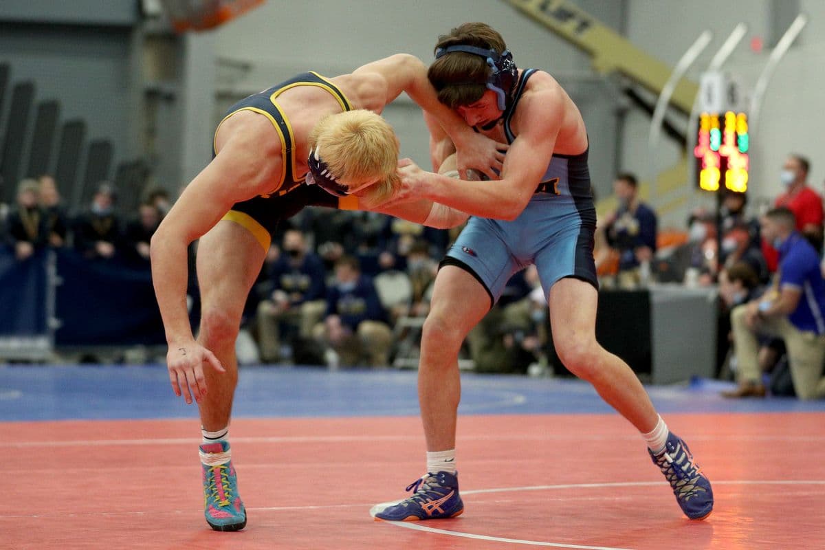 Central Valley Academy's Kace Cook wrestles Shoreham-Wading River's Craig Jablonski during the 2022 NYSPHSAA Wrestling Dual Meet Championships at SRC Arena in Syracuse, N.Y. on Jan. 29, 2022.