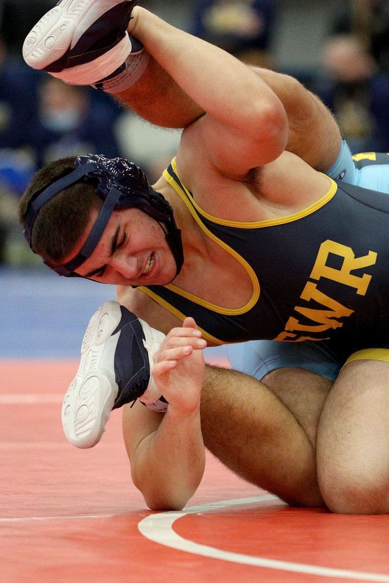 Shoreham-Wading Rivers Jack LaValle wrestles Central Valley Academys Sal Fresco during the 215 pound bout at the 2022 NYSPHSAA Wrestling Dual Meet Championships at SRC Arena in Syracuse, N.Y. on Jan. 29, 2022.