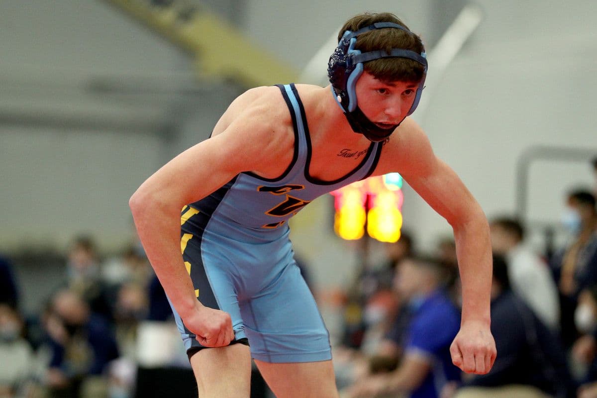Central Valley Academy's Kace Cook wrestles Shoreham-Wading River's Craig Jablonski during the 2022 NYSPHSAA Wrestling Dual Meet Championships at SRC Arena in Syracuse, N.Y. on Jan. 29, 2022.