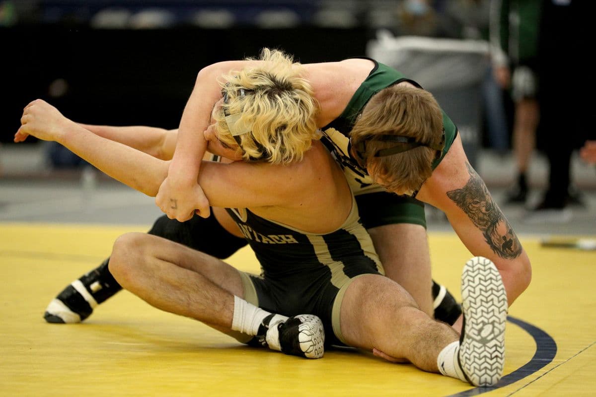 Minisink Valley's Andrew Filip, top, wrestles Wantagh's Noah Corwin during their 189 pound bout at the 2022 NYSPHSAA Wrestling Dual Meet Championships at SRC Arena in Syracuse, N.Y. on Jan. 29, 2022.