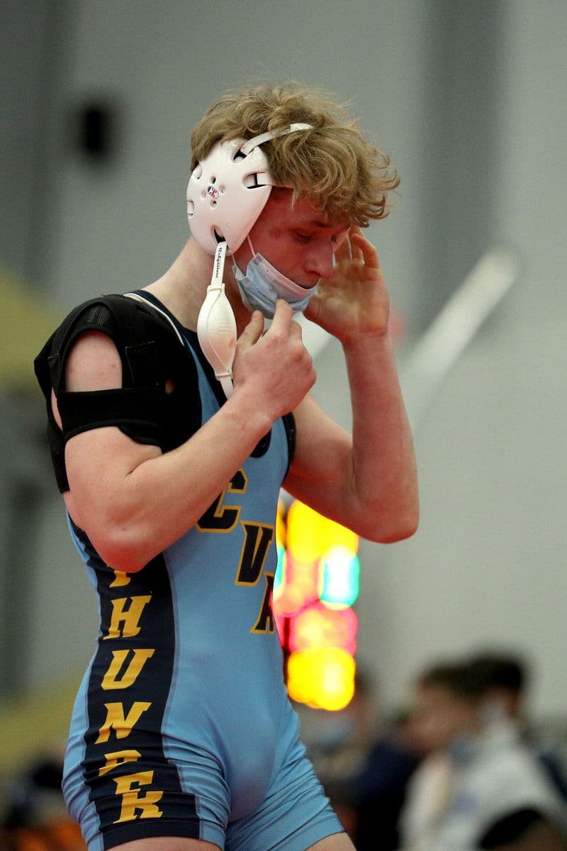 Central Valley Academy's Sixx Cook wrestles Shoreham-Wading River's Joe Steimel during the 2022 NYSPHSAA Wrestling Dual Meet Championships at SRC Arena in Syracuse, N.Y. on Jan. 29, 2022.
