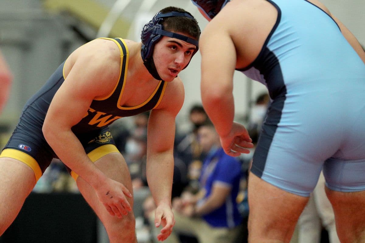 Shoreham-Wading Rivers Jack LaValle wrestles Central Valley Academys Sal Fresco during the 215 pound bout at the 2022 NYSPHSAA Wrestling Dual Meet Championships at SRC Arena in Syracuse, N.Y. on Jan. 29, 2022.