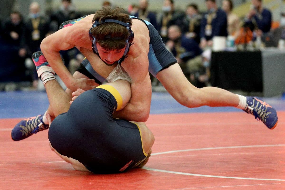 Central Valley Academy's Kace Cook wrestles Shoreham-Wading River's Craig Jablonski during the 2022 NYSPHSAA Wrestling Dual Meet Championships at SRC Arena in Syracuse, N.Y. on Jan. 29, 2022.