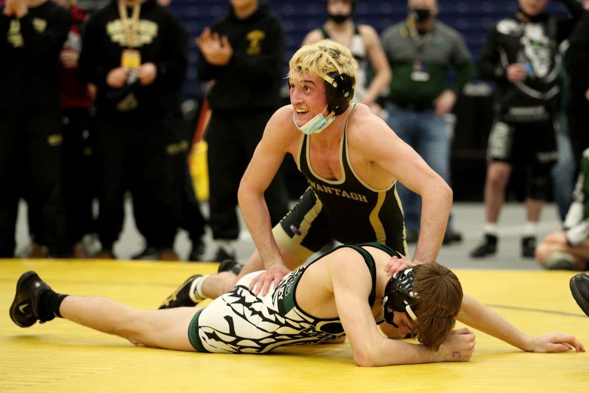 Wantagh's Ryan Arbeit, top, wrestles Minisink Valley's Anthony Tresch during their 126 pound bout at the 2022 NYSPHSAA Wrestling Dual Meet Championships at SRC Arena in Syracuse, N.Y. on Jan. 29, 2022.