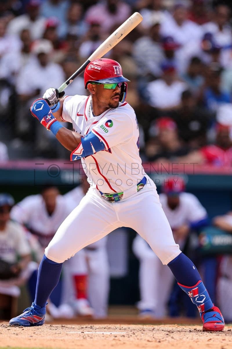 SANTO DOMINGO, DOMINICAN REPUBLIC - MARCH 04: Julio RodrÃguez #44 of the Dominican Republic bats during an exhibition game against the Detroit Tigers at Estadio Quisqueya on March 04, 2026 in Santo Domingo, Dominican Republic. (Photo by Bryan Bennett/Getty Images)