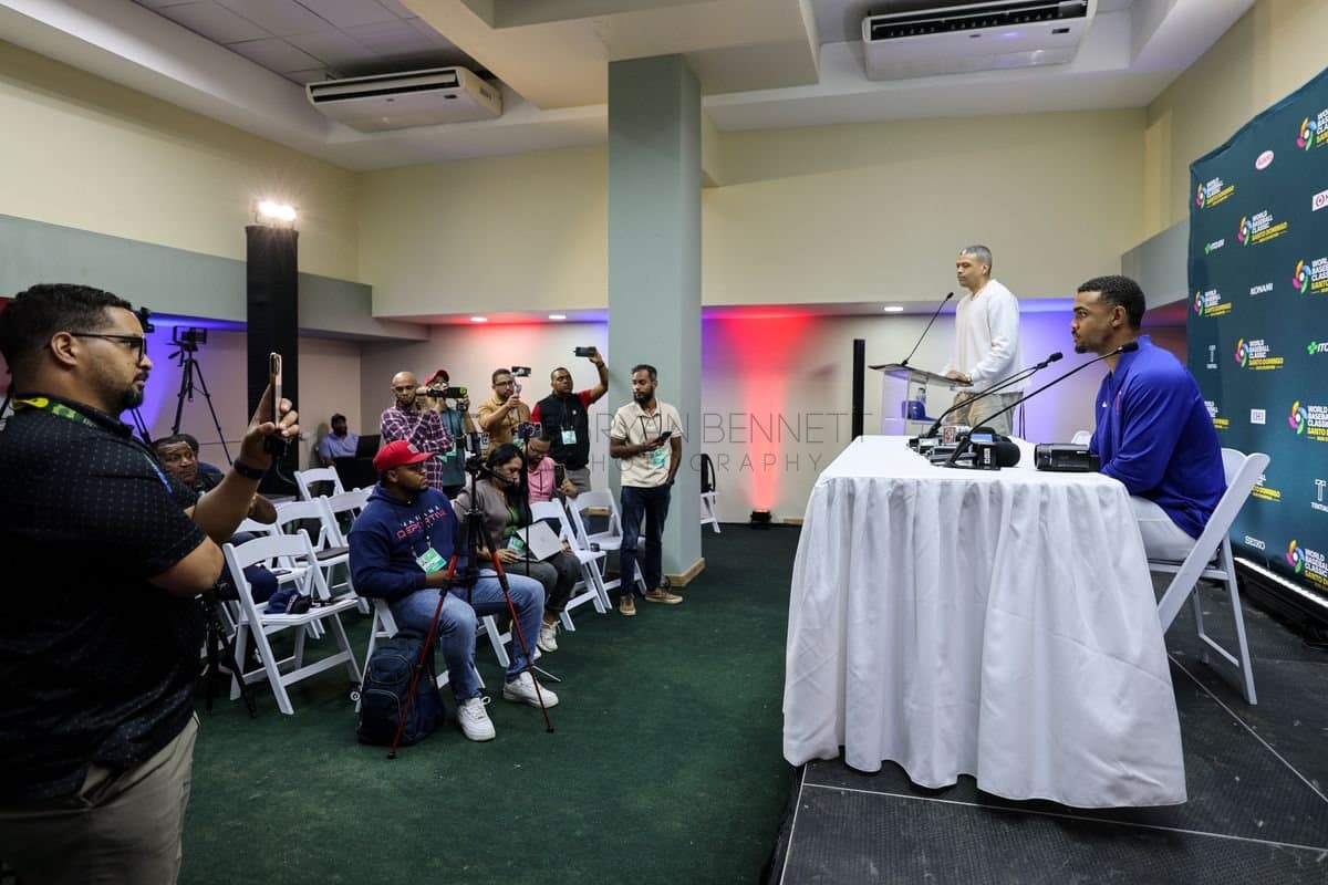 SANTO DOMINGO, DOMINICAN REPUBLIC - MARCH 04: Julio RodrÃguez #44 of the Dominican Republic speaks with media prior to an exhibition game against the Detroit Tigers at Estadio Quisqueya on March 04, 2026 in Santo Domingo, Dominican Republic. (Photo by Bryan Bennett/Getty Images)