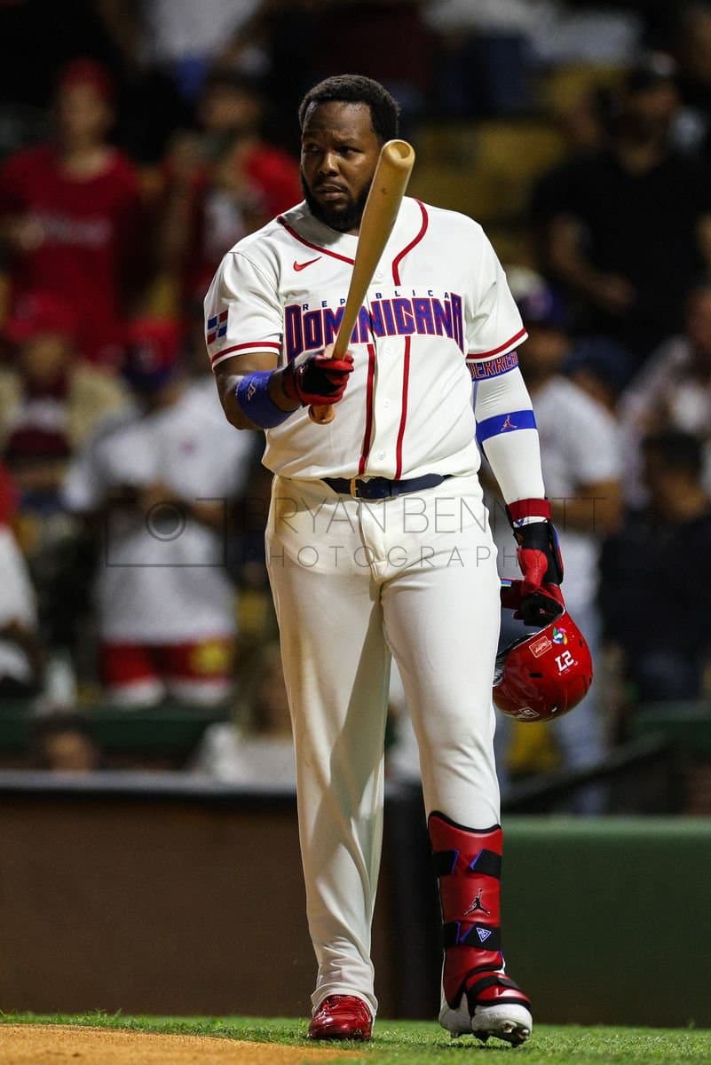 SANTO DOMINGO, DOMINICAN REPUBLIC - MARCH 03: Vladimir Guerrero Jr. #27 of the Dominican Republic reacts during an exhibition game against the Detroit Tigers at Estadio Quisqueya on March 03, 2026 in Santo Domingo, Dominican Republic. (Photo by Bryan Bennett/Getty Images)