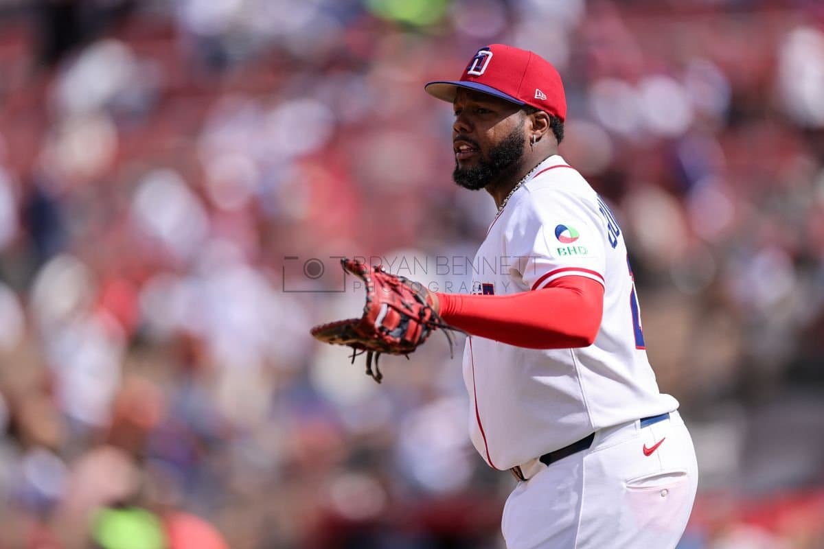 SANTO DOMINGO, DOMINICAN REPUBLIC - MARCH 04: Vladimir Guerrero Jr. #27 of the Dominican Republic looks on during an exhibition game against the Detroit Tigers at Estadio Quisqueya on March 04, 2026 in Santo Domingo, Dominican Republic. (Photo by Bryan Bennett/Getty Images)