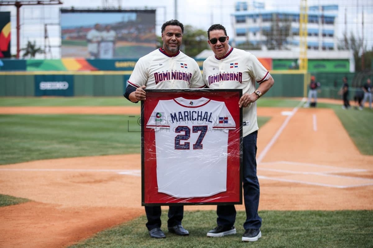 SANTO DOMINGO, DOMINICAN REPUBLIC - MARCH 04: Nelson Cruz and Juan Marichal Jr. are photographed prior to an exhibition game between the Detroit Tigers and the Dominican Republic at Estadio Quisqueya on March 04, 2026 in Santo Domingo, Dominican Republic. (Photo by Bryan Bennett/Getty Images)
