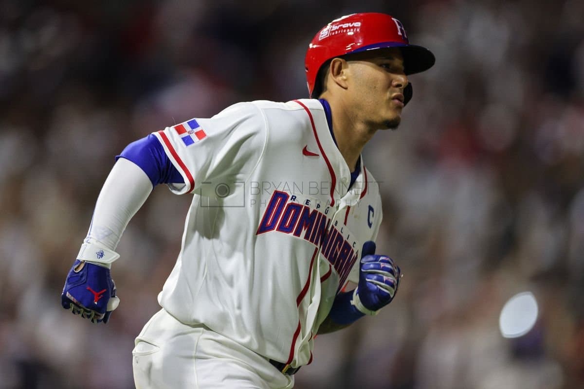 SANTO DOMINGO, DOMINICAN REPUBLIC - MARCH 03: Manny Machado #3 of the Dominican Republic reacts after hitting a home run during the fourth inning against the Detroit Tigers at Estadio Quisqueya on March 03, 2026 in Santo Domingo, Dominican Republic. (Photo by Bryan M. Bennett/Getty Images)