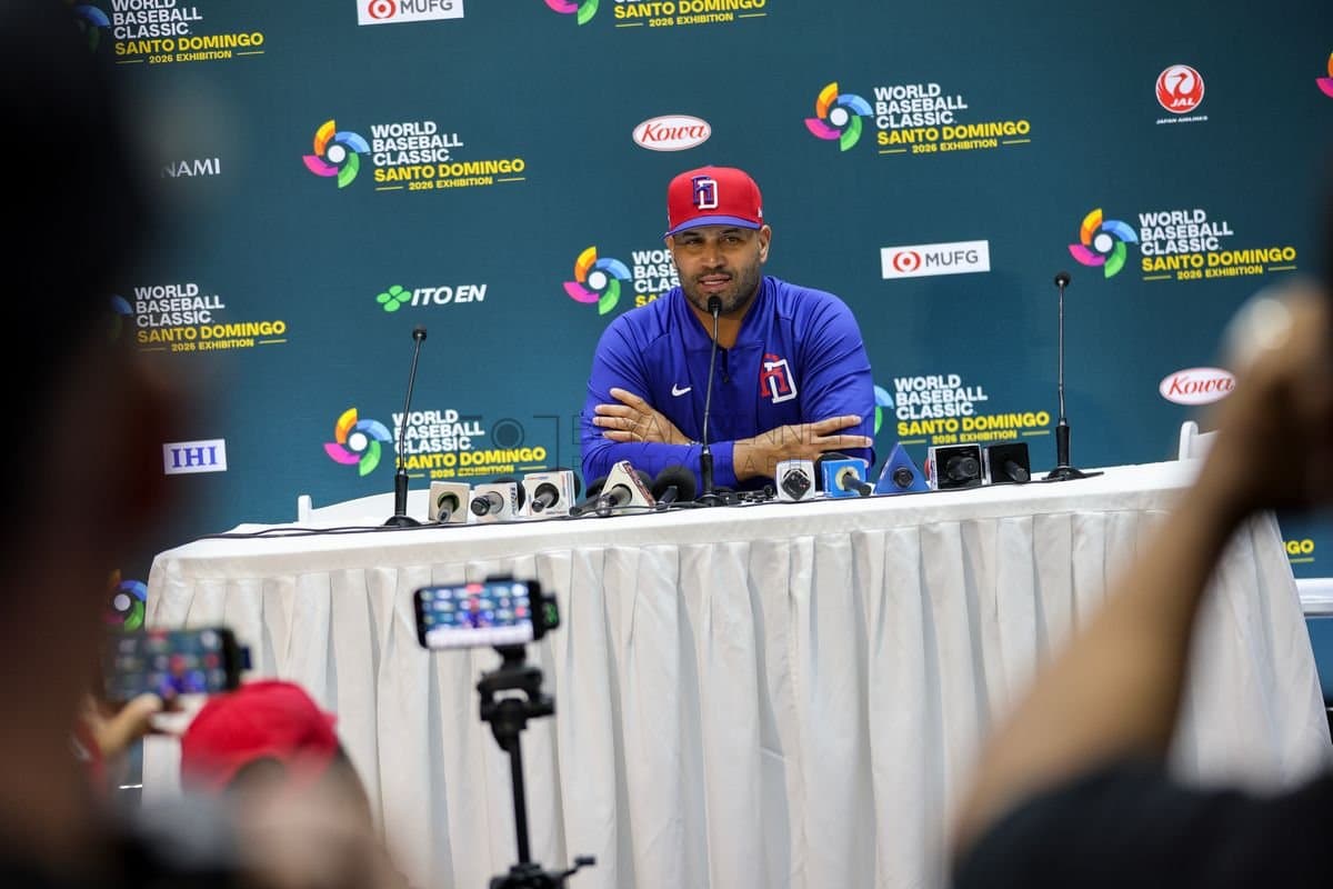 SANTO DOMINGO, DOMINICAN REPUBLIC - MARCH 04: Manager Albert Pujols of the Dominican Republic speaks with media prior to an exhibition game against the Detroit Tigers at Estadio Quisqueya on March 04, 2026 in Santo Domingo, Dominican Republic. (Photo by Bryan Bennett/Getty Images)
