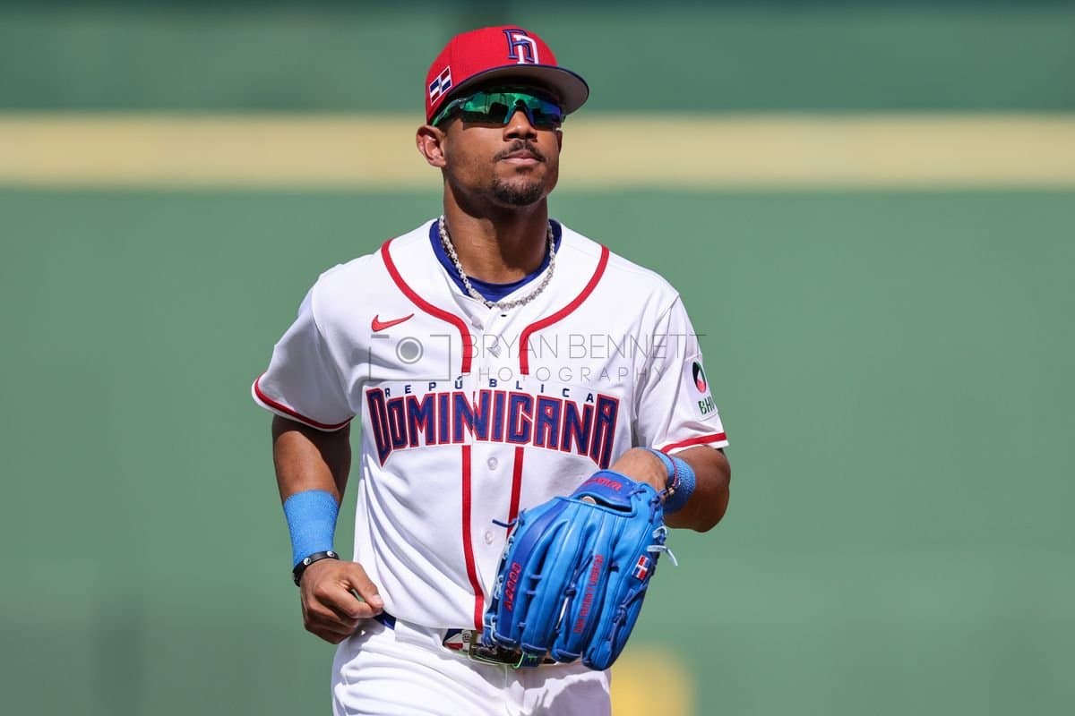 SANTO DOMINGO, DOMINICAN REPUBLIC - MARCH 04: Julio RodrÃguez #44 of the Dominican Republic looks on during an exhibition game against the Detroit Tigers at Estadio Quisqueya on March 04, 2026 in Santo Domingo, Dominican Republic. (Photo by Bryan Bennett/Getty Images)