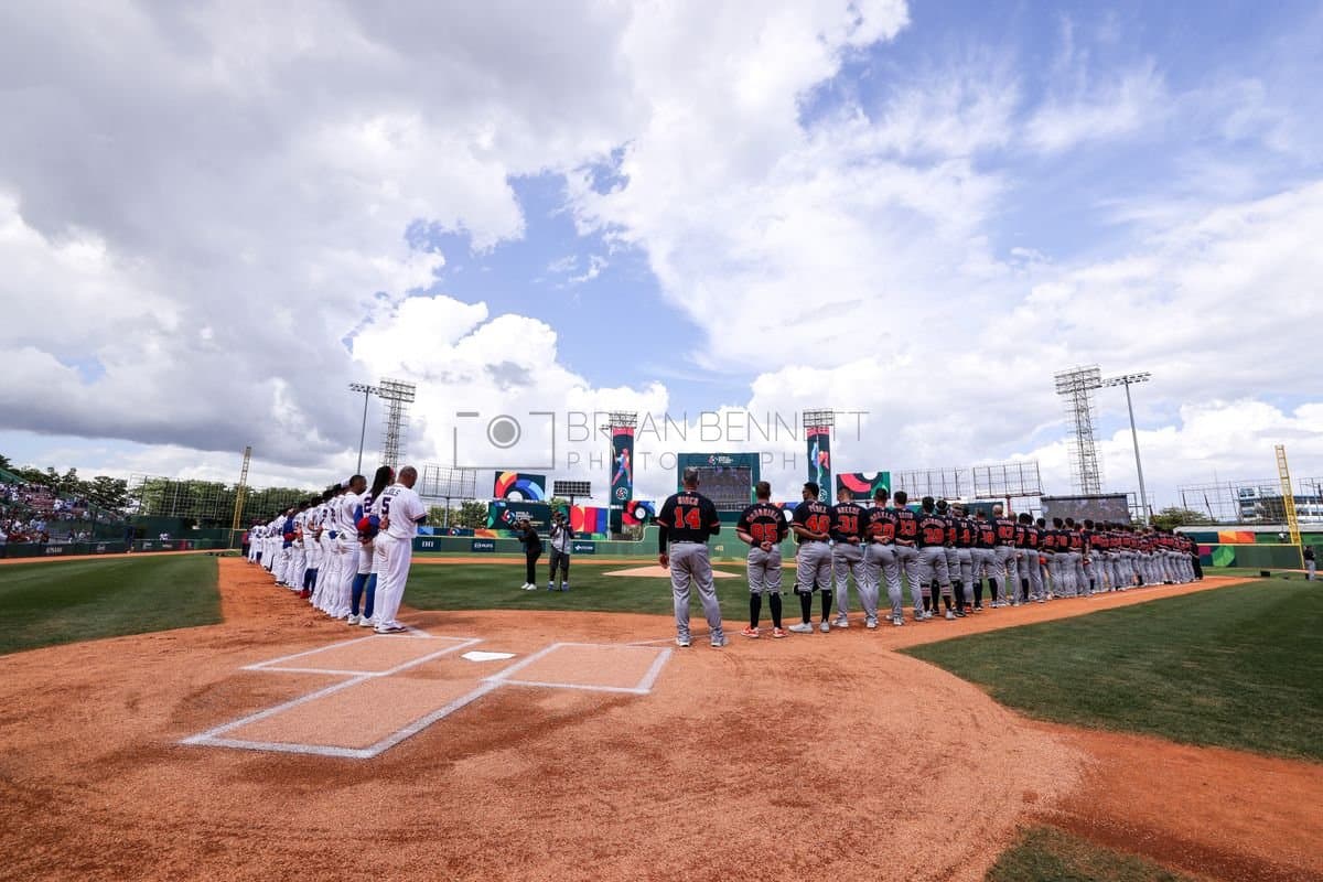 SANTO DOMINGO, DOMINICAN REPUBLIC - MARCH 04: Dominican Republic and Detroit Tigers look on during the National Anthem prior to an exhibition game at Estadio Quisqueya on March 04, 2026 in Santo Domingo, Dominican Republic. (Photo by Bryan Bennett/Getty Images)