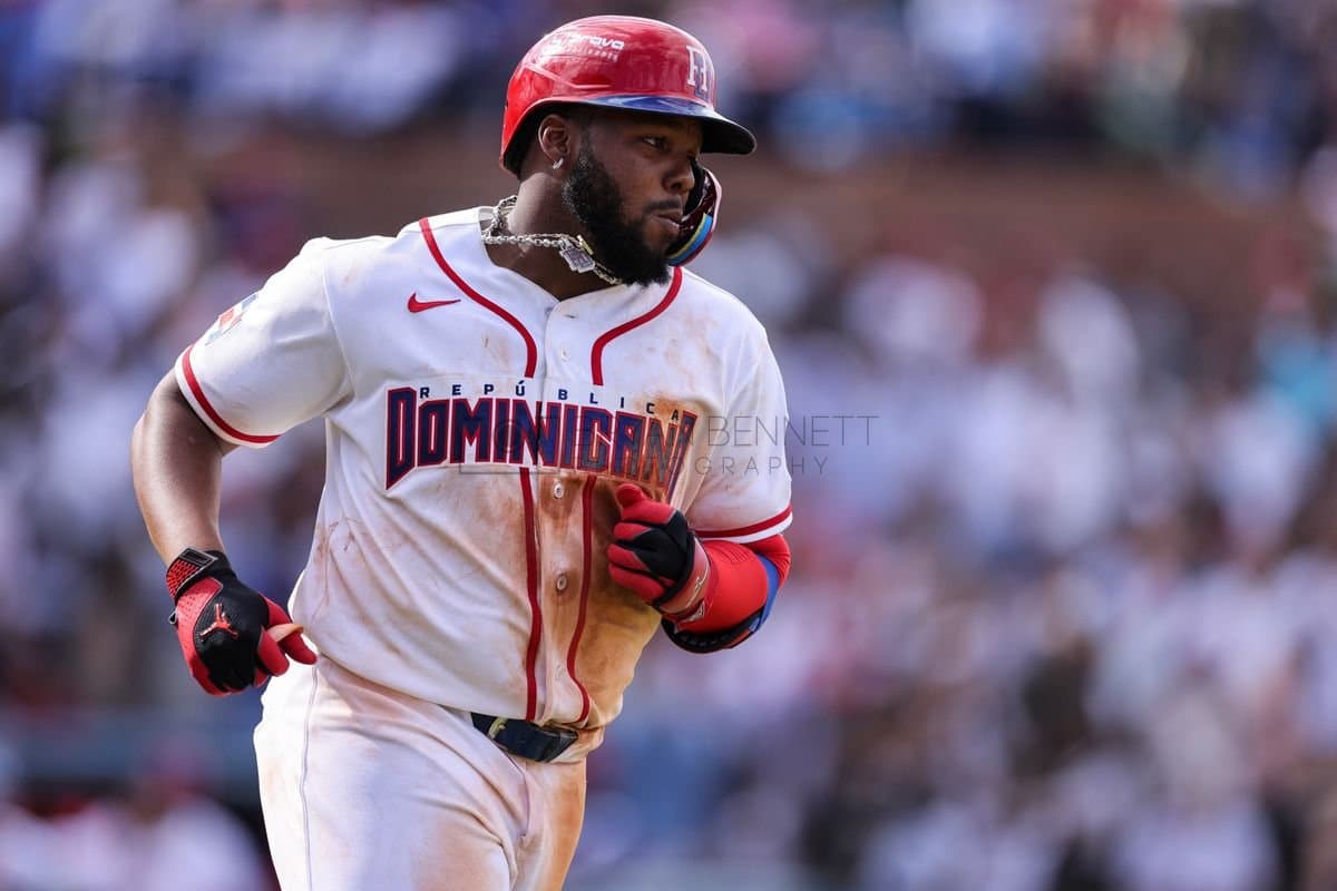 SANTO DOMINGO, DOMINICAN REPUBLIC - MARCH 04: Vladimir Guerrero Jr. #27 of the Dominican Republic looks on during an exhibition game against the Detroit Tigers at Estadio Quisqueya on March 04, 2026 in Santo Domingo, Dominican Republic. (Photo by Bryan M. Bennett/Getty Images)